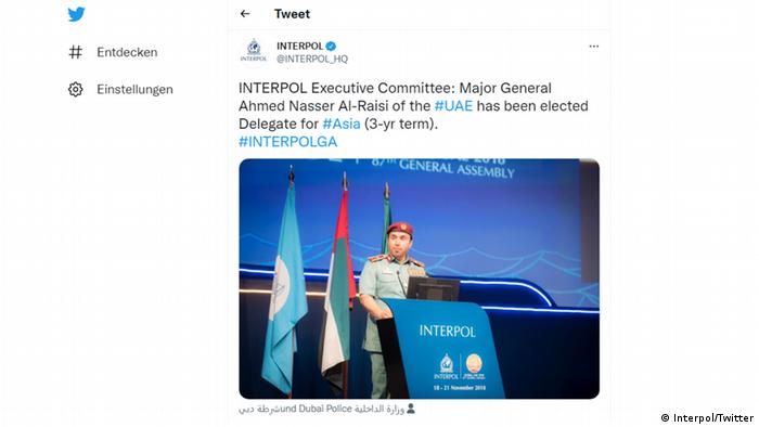 Twitter Screenshot Interpol Account of General Major Ahmed Nasser Al-Raisi
