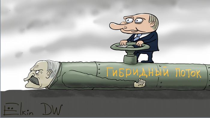 Putin stands on the gas pipeline from which Lukashenka is crawling