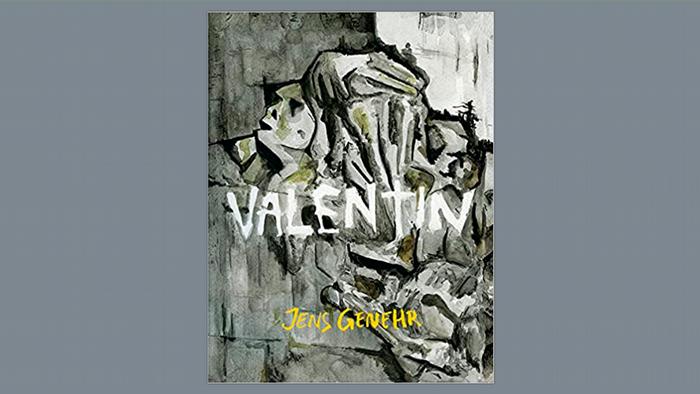 The cover of the book with the word Valentin over a grey abstract painting.
