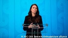 (211111) -- AUCKLAND, Nov. 11, 2021 (Xinhua) -- New Zealand Prime Minister Jacinda Ardern delivers a speech at the Asia-Pacific Economic Cooperation (APEC) CEO Summit in Auckland, New Zealand, Nov. 11, 2021. Jacinda Ardern on Thursday called on political and business leaders to work together to build a strong, equitable and sustainable recovery from the COVID-19 pandemic. She made the remarks when delivering the keynote address to a global business audience at the APEC CEO Summit. (2021 APEC CEO Summit/Handout via Xinhua)