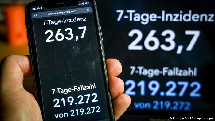 Показатель заражаемости COVID-19 в Германии на экране смартфона