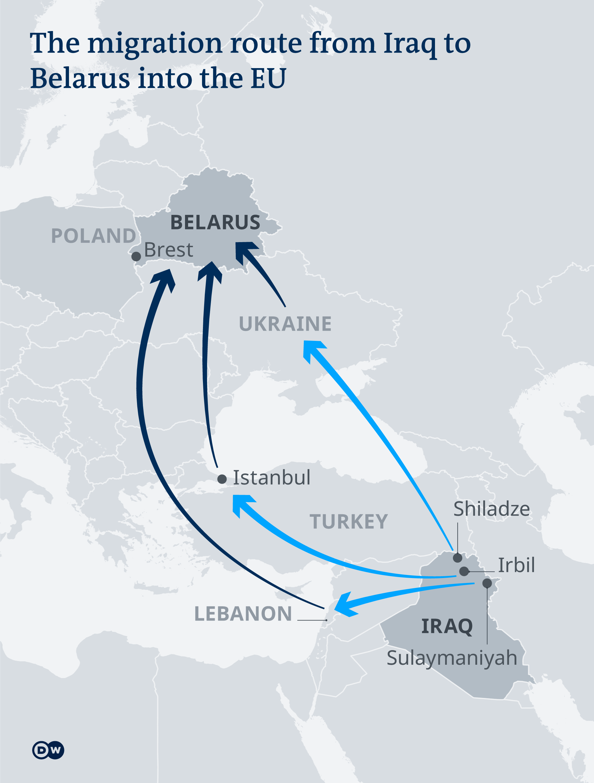 Map showing migration routes from Iraq to Belarus