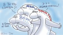 Bildbeschreibung: Karikatur - Flugzeuge von Belaavia, Aeroflot und Turkish Airlines erwidern: Ich werde das nicht mehr tun, Wofür die Sanktionen?, Schwöre bei Mama.