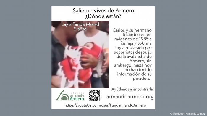 Familiares creen reconocer a Layla Faride en ésta imagen, cuando es cargada por un civil, tras el estallido del volcán Nevado del Ruíz.