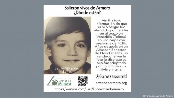 Afiche de la Fundación Armando Armero, con la búsqueda de Sergio, un niño de Tolima.