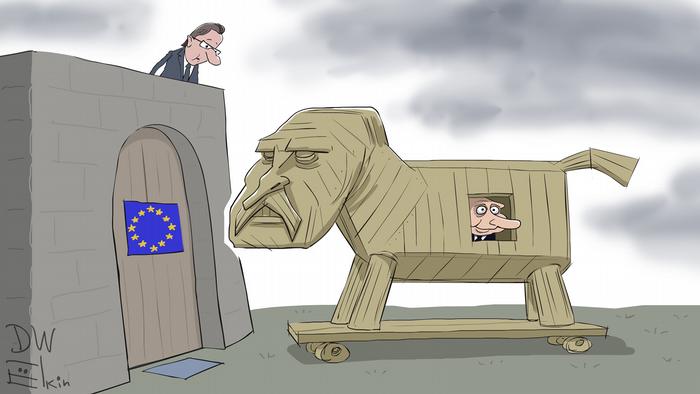 Путин выглядывает из деревянного троянского коня с лицом Лукашенко, который стоит перед дверью с флагом ЕС