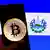 Foto del logo de Bitcoin en una pantalla de celular con la bandera de El Salvador de fondo.