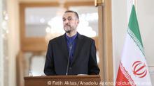 TEHRAN, IRAN - NOVEMBER 15: Minister of Foreign Affairs of Iran Hossein Amir-Abdollahian and Turkish Foreign Minister Mevlut Cavusoglu (not seen) hold a joint press conference in Tehran, Iran on November 15, 2021. Fatih Aktas / Anadolu Agency