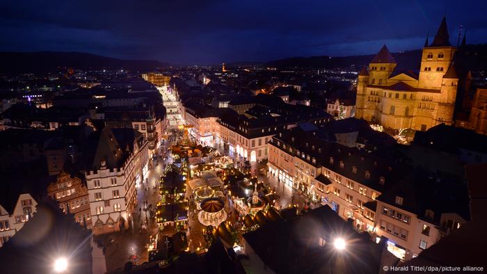 Aerial night-time view of the Christmas market in Trier, Germany