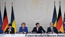 09.12.2019
PARIS, FRANCE - DECEMBER 9, 2019: Ukraine's President Volodymyr Zelenskyy (Vladimir Zelensky), Germany's Chancellor Angela Merkel, France's President Emmanuel Macron, and Russia's President Vladimir Putin (L-R) give a news conference after a Normandy Four summit at the Elysee Palace; talks in the so-called Normandy Four format involve representatives of Ukraine, Germany, France and Russia who discuss settlement of the conflict in eastern Ukraine. Alexei Nikolsky/Russian Presidential Press and Information Office/TASS