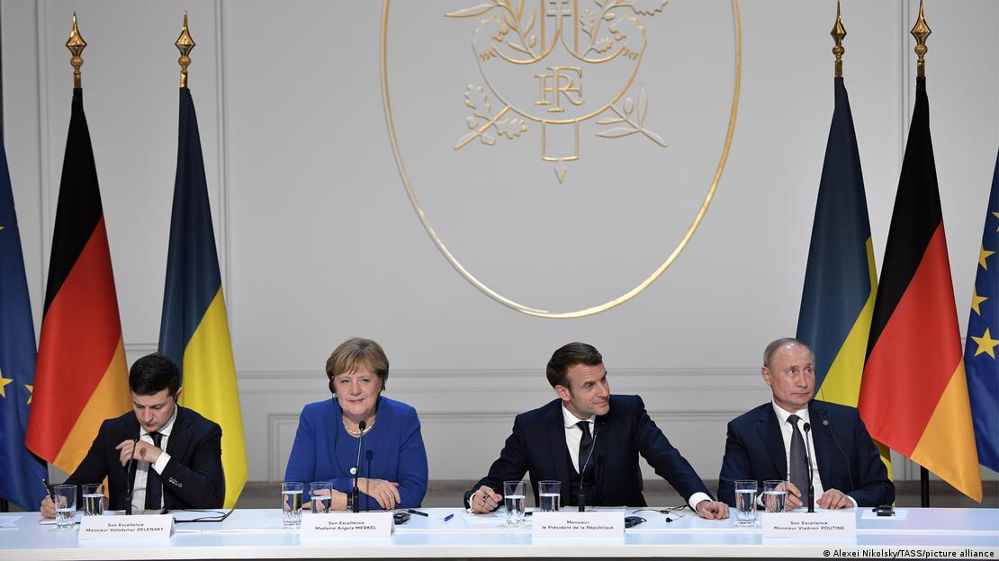 Normandijska četvorka: Volodimir Zelenski, Angela Merkel, Emmanuel Macron i Vladimir Putin (Pariz, prosinac 2019.)