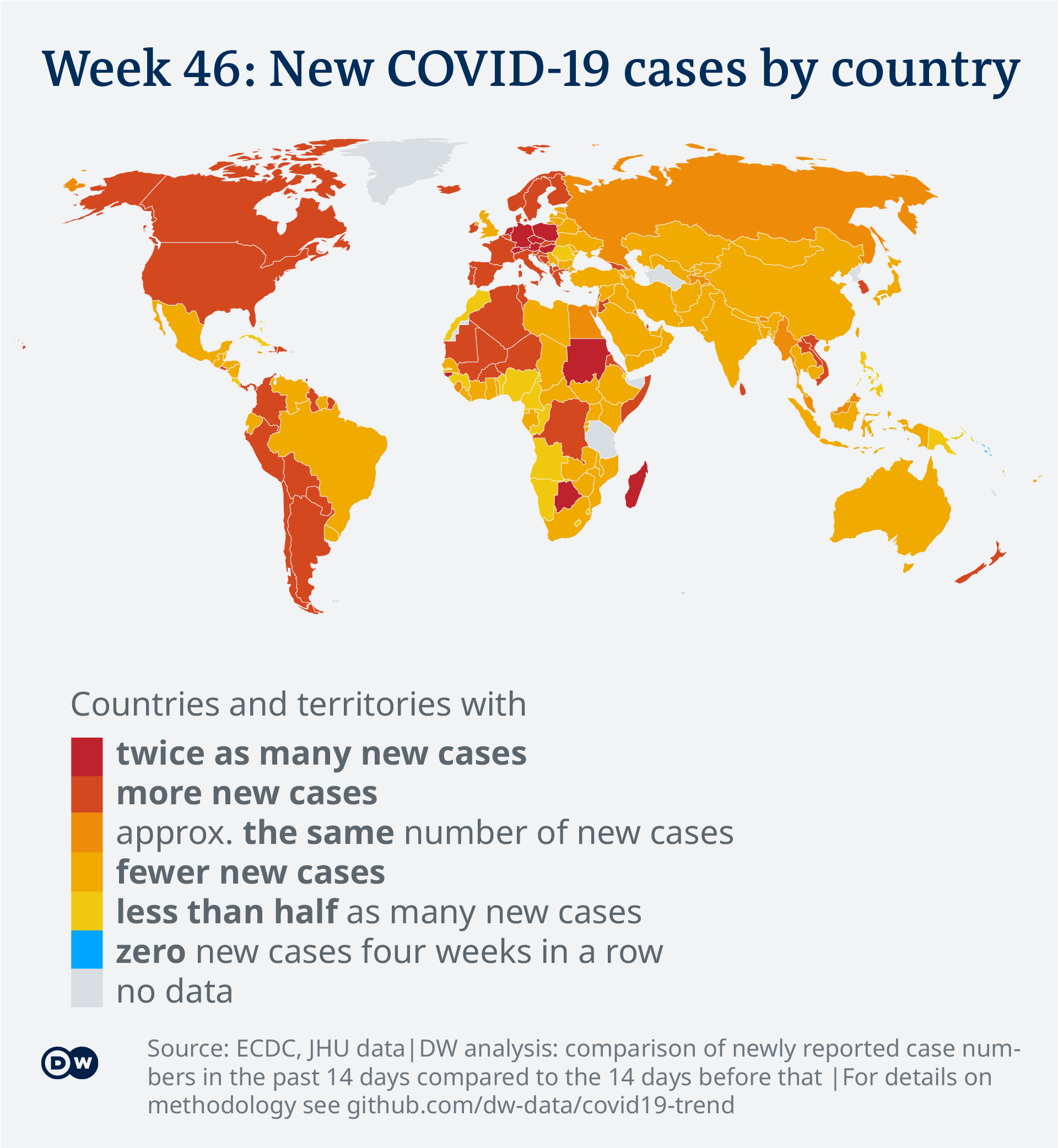 Data visualization: COVID-19 global new case numbers trend - map calendar week 46, 2021