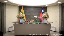Picture taken on November 18 ,2021 shows the lobby of the Taiwanese Representative Office with flowers in Lithuania, Vilnius. - Taipei announced on November 18 ,2021 it had formally opened a de facto embassy in Lithuania using the name Taiwan, a significant diplomatic departure that defied a pressure campaign by Beijing. (Photo by PETRAS MALUKAS / AFP) (Photo by PETRAS MALUKAS/AFP via Getty Images)