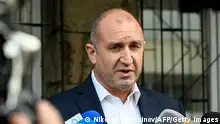 Bulgaria's incumbent President Rumen Radev speaks to medias after casting his ballot for the second round of the presidential election at a polling station in Sofia, on November 21, 2021. - Bulgarians vote on November 21, 2021 to elect their president, a largely ceremonial role that the current incumbent has transformed and put at the heart of the struggle against corruption in the EU's poorest country. (Photo by Nikolay DOYCHINOV / AFP) (Photo by NIKOLAY DOYCHINOV/AFP via Getty Images)