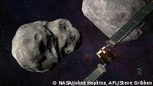 NASA TV to Air DART Prelaunch Activities, Launch
Illustration of NASA’s DART spacecraft and the Italian Space Agency’s (ASI) LICIACube prior to impact at the Didymos binary system.
DART (Double Asteroid Redirection Test)