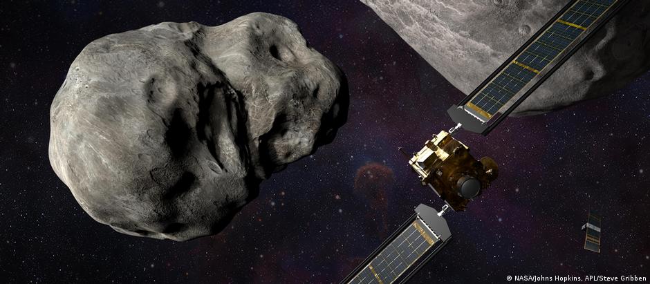 Ilustração da Nasa mostra a espaçonave Dart no espaço ao lado de dois asteroides