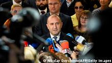 Bulgaria's incumbent President Rumen Radev speaks to medias at the end of the second round of the presidential election in Sofia, on November 21, 2021. - Bulgaria's outgoing president Rumen Radev is headed for a comfortable re-election win, according to exit polls for the second round of the country's presidential election, on November 21, 2021. (Photo by Nikolay DOYCHINOV / AFP) (Photo by NIKOLAY DOYCHINOV/AFP via Getty Images)