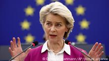European Commission President Ursula von der Leyen addresses the European Parliament on the conclusions of the October leaders' summit at the European Parliament in Strasbourg, Eastern France, Tuesday, Nov. 23, 2021. (Christian Hartmann/Pool Photo via AP)
