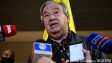 United Nations (UN) Secretary General Antonio Guterres speaks to the press as he arrives in Colombia to commemorate the fifth anniversary of the signing of the peace agreement between the Colombian government and the Revolutionary Armed Forces of Colombia (FARC), in Bogota, Colombia November 22, 2021. REUTERS/Luisa Gonzalez