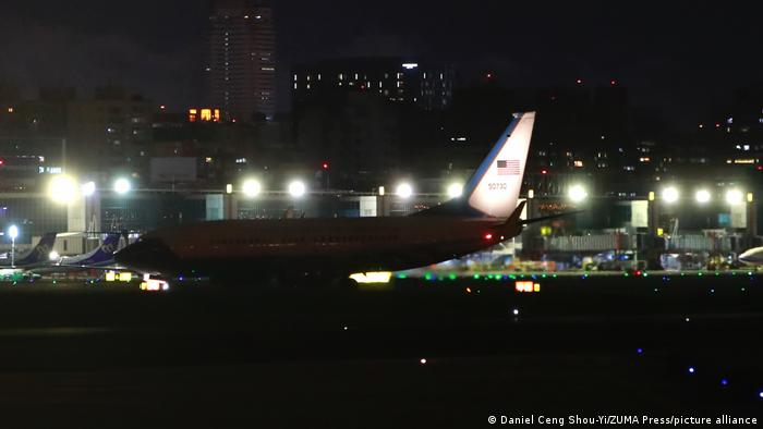  A US military aircraft Boeing C-40C flight SPAR11 carrying a delegation to Taiwan taxis on runway after landing at Songshan International Airport