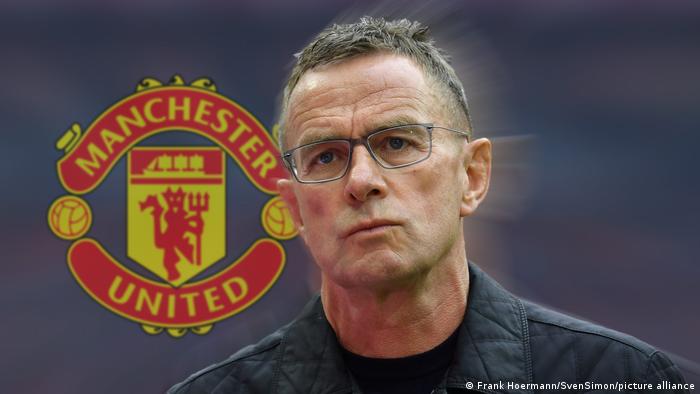 German coach Ralf Rangnick in front of a Manchester United logo