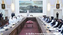 Newly appointed Taliban Prime Minister Mullah Mohammad Hassan Akhund (center) heads a high-level meeting between Afghani officials and Qatari officials at the presidential palace, in Kabul, Afghanistan, on September 12, 2021. Photo by Balkis Press/ABACAPRESS.COM