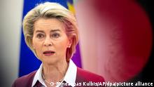 European Commission President Ursula von der Leyen speaks during a news conference following her meeting with Lithuania's President Gitanas Nauseda, Lithuania's Prime Minister Ingrida Simonyte and NATO Secretary General Jens Stoltenberg at the Presidential Palace in Vilnius, Lithuania, Sunday, Nov. 28, 2021. (AP Photo/Mindaugas Kulbis)