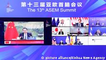 (211126) -- BEIJING, Nov. 26, 2021 (Xinhua) -- Chinese Premier Li Keqiang delivers a speech at an informal meeting of the 13th Asia-Europe Meeting (ASEM) Summit via video link at the Great Hall of the People in Beijing, capital of China, Nov. 26, 2021. (Xinhua/Pang Xinglei)