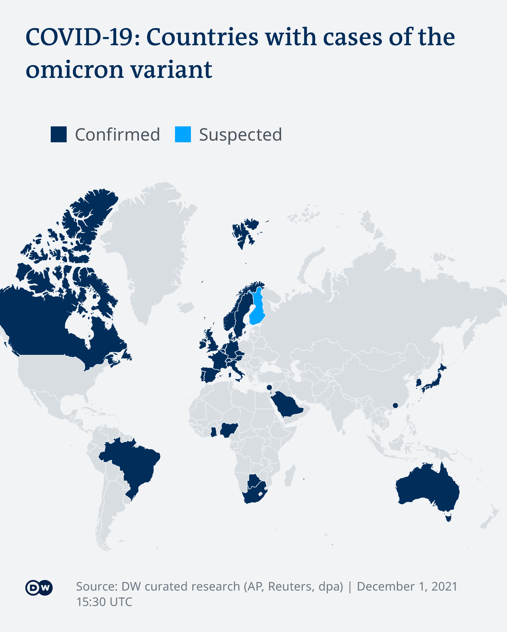 Map of countries with confirmed cases of COVID-19 omicron variant as of 30.11.2021