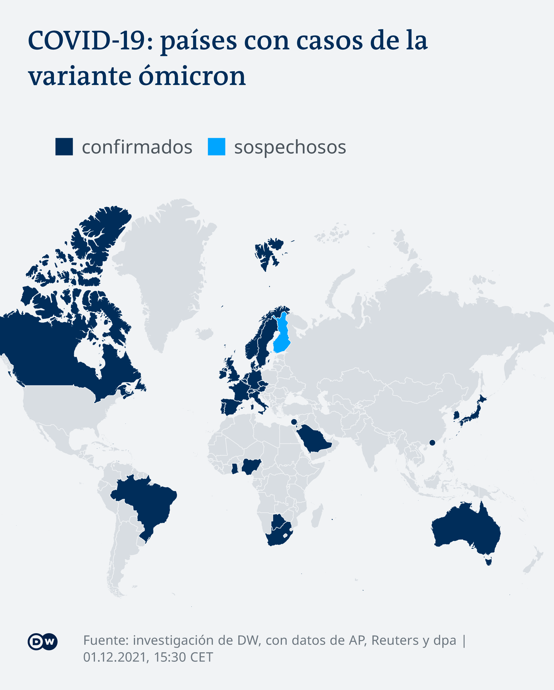 Mapa que muestra países con casos confirmados o sospechosos de la variante ómicron del coronavirus | 29.11.2021
