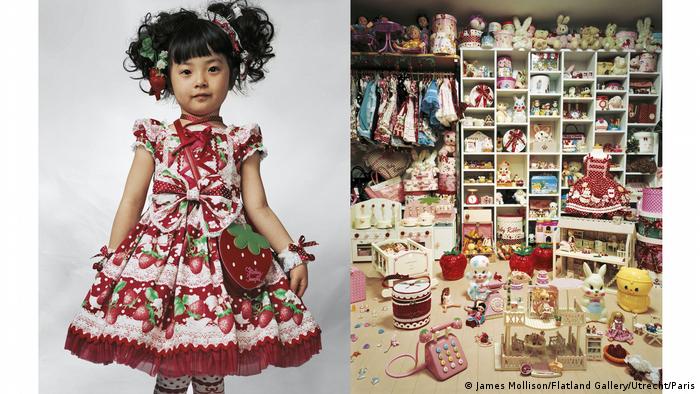 Kaya, Young girl in a fluffy dress (l) and photo of her room (L), shelves full of toys and dolls 