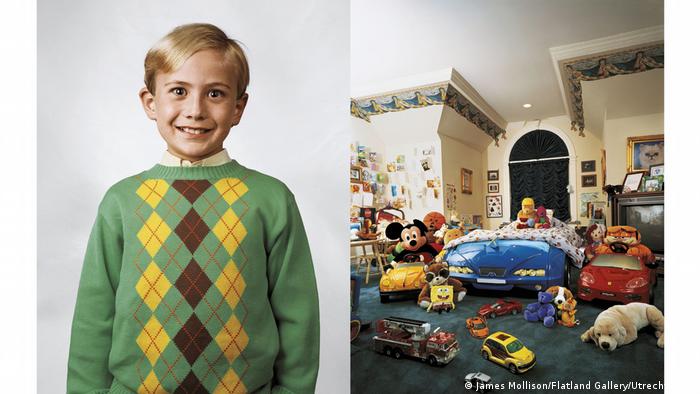 Photo of Harrison, (l), and his room (R) filled with toys.