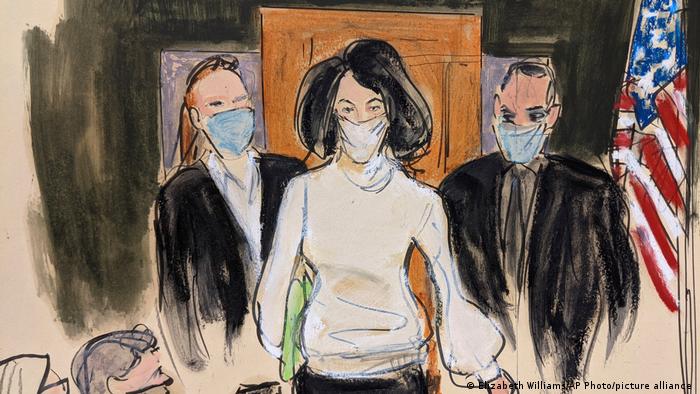In this courtroom sketch, Ghislaine Maxwell enters the courtroom escorted by U.S. Marshalls at the start of her trial