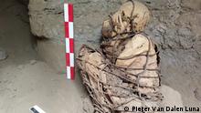 Peru | Mumienfund in der Nähe Limas
Die Mumie ist etwa 800 Jahre alt, stammt also aus der Zeit vor dem Inka-Reich. Er wurde mit Seilen festgebunden, um ihn in dieser Position zu halten.