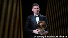 Handout photo of Lionel Messi poses with the trophy of the Men 2021 Ballon d'Or during a ceremony held in Theatre du Chatelet, Paris, France, November 29, 2021. Photo by lEquipe via ABACAPRESS.COM
