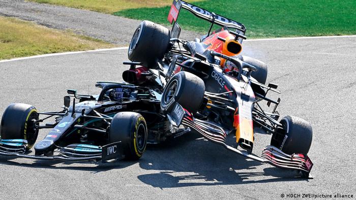 Lewis Hamilton and Max Verstappen crash into one another in Monza.