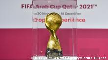 (211126) -- DOHA, Nov. 26, 2021 (Xinhua) -- The FIFA Arab Cup Trophy is displayed during the FIFA Arab Cup Trophy Experience at Katara Cultural Village in Doha, Qatar on Nov. 25, 2021. The FIFA Arab Cup will take place in Qatar from 30 November to 18 December 2021. (Photo by Nikku/Xinhua).