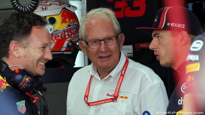 Christian Horner, Helmut Marko and Max Verstappen in conversation