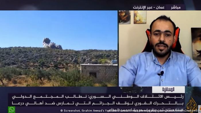 Screen shot of Syrian journalist Ibrahim Awwad being interviewed by Al Jazeera in September about the situation in Daraa.