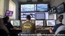 The control room of the new camera systems in Nea Vyssa. Greece strengthens its surveillance capabilities to fight the increased refugee and migrants flows from Turkey. The border protection at Greek Turkish borders in Evros region is reinforced, supported by the EU, with more Frontex personnel and vehicles, more Greek border police officers, drones, building a new fence and wall, watchtowers with thermal remote cameras and radar on the tower, new combat vehicles and control rooms. On 20 August 2021 Greek ministers visited Evros to inspect the process of the steel fence works and the border surveillance systems against the new expected migrant crossing as EU is expecting a new asylum seeker wave from people from Afghanistan. Evros Region, Greece on June 18, 2021 (Photo by Nicolas Economou/NurPhoto)