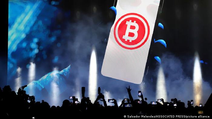 A bitcoin symbol is presented on an LED screen during the closing ceremony of a congress for cryptocurrency investors in Santa Maria Mizata, El Salvador, Saturday, Nov. 20, 2021