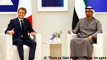 3.12.2021, Dubai****French President Emmanuel Macron (L) poses with Abu Dhabi's Crown Prince Mohammed bin Zayed al-Nahyan during their meeting in the Gulf emirate of Dubai on December 3, 2021. - Among other agreemtns signed today between the United Arab Emirates and France, Macron and Sheikh Mohammed agreed to the extension for 10 years of the partnership over the Louvre Abu Dhabi, a vector of French influence abroad, the French presidency said. (Photo by Thomas SAMSON / AFP) (Photo by THOMAS SAMSON/AFP via Getty Images)