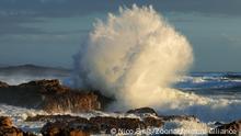 Seascape with large breaking wave on coastal rocks, South Africa