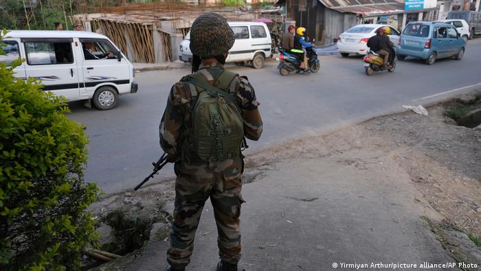 In this October 2019 file photo, A soldier stands guard on a street in Kohima, capital of the northeastern Indian state of Nagaland