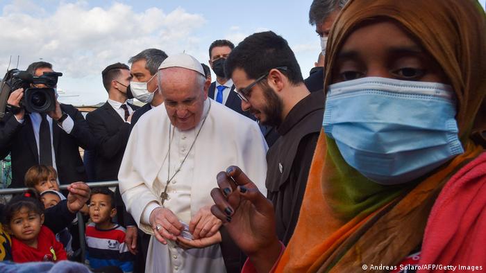 Pope Francis meets refugees at the Reception and Identification Centre (RIC) in Mytilene on the island of Lesbos