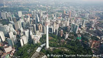 An areal view of Kuala Lumpur with many skyscrapers.