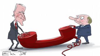Karikatur Sergey Elkin. Thema: Telefonat zwischen Biden und Putin