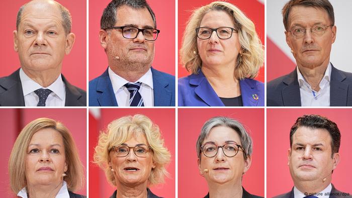 Kabinede SPD'den yer alacak isimler: Olaf Scholz, Wolfgang Schmidt, Svenja Schulze, Karl Lauterbach, Nancy Faeser, Christine Lambrecht, Klara Geywitz, Hubertus Heil