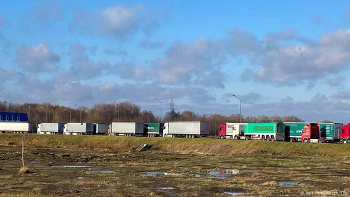 A queue of trucks on the border of Belarus and Poland