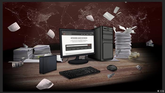 illustration of a desktop computer on a desk with stacks of papers 